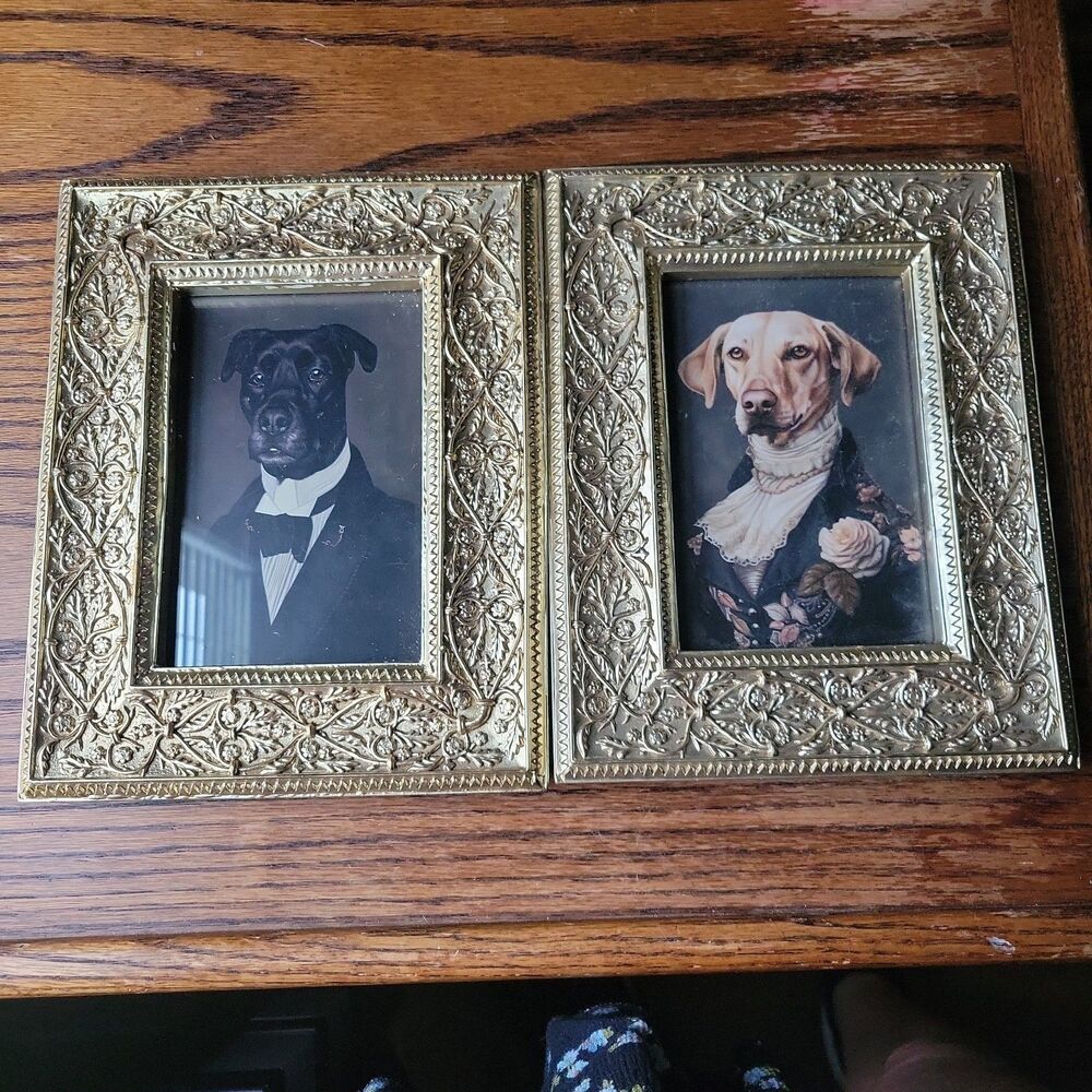 Victorian Style Pair of ornate gold frames with regal dog print postcards 4x6
